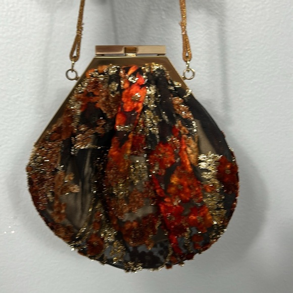 Moo Roo Vintage Gold Black Red Mesh Floral Cocktail Evening Bag - Picture 11 of 16